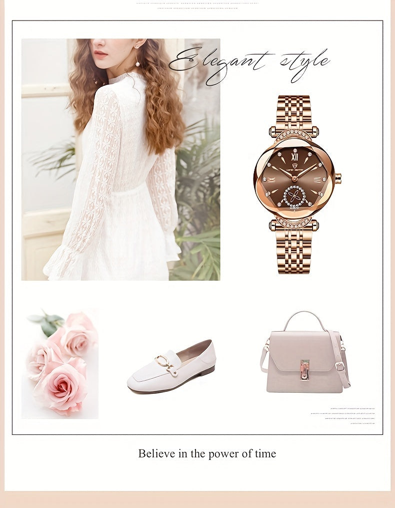Elegant Women's Quartz Watch with Rhinestone Accents - Rose Golden Case & Stainless Steel Band, Roman Numerals, Independent Second Hand - Ideal for Business or Formal Wear - Perfect Mother's Day, Christmas, or Back-to-School